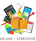 Infographic vector illustration with grocery products, calculator with smartphone, to do list and envelope with notes laying around. Living cost inflation and budget planning. 124812418