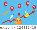 Infographic vector illustration of grocery food and drink main products flying on tax rate balloons with red arrow rising up. Living cost inflation and budget planning. 124812419