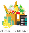 Infographic vector illustration of box with grocery products, calculator, credit card and cash with coins stacks. Living cost inflation and budget planning. 124812420