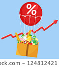 Vector illustration box with grocery flying on red air balloon with percent sign on blue background with red arrow inflation rise. Living cost inflation and budget plan. 124812421
