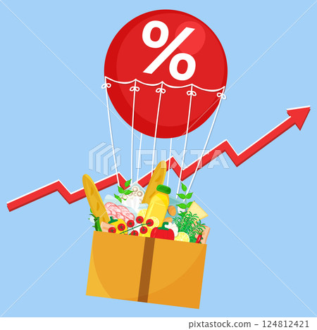 Vector illustration box with grocery flying on red air balloon with percent sign on blue background with red arrow inflation rise. Living cost inflation and budget plan. Vector illustration box with grocery flying on red air balloon with percent sign on blue background with red arrow inflation rise. Living cost inflation and budget plan. 124812421