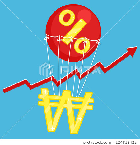 Vector illustration of won golden icon flying on red air balloon with percent sign on blue background with red arrow inflation rise. Living cost inflation and budget plan. Vector illustration of won golden icon flying on red air balloon with percent sign on blue background with red arrow inflation rise. Living cost inflation and budget plan. 124812422
