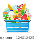 Vector illustration of blue shopping basket full of food and drink grocery products, including dairy, meat and fish, bread and vegetables. Home cooking and living cost concept. 124812425