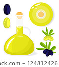 Vector illustration of olive oil in glass bottle and green with black olives and leaves isolated on white background. Front and top view of bottles. 124812426