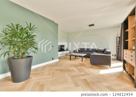 A beautifully designed modern living room featuring green walls, a cozy seating area, and a decorative plant, creating a serene and inviting atmosphere. A beautifully designed modern living room featuring green walls, a cozy seating area, and a decorative plant, creating a serene and inviting atmosphere. 124812454
