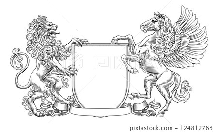 Heraldic Crest Lion Pegasus Coat Of Arms Shield Heraldic Crest Lion Pegasus Coat Of Arms Shield 124812763