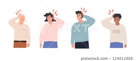 Senior woman suffering from brain fog and cognitive dysfunction. Neurological disorder concept. Confused elderly woman with dementia symptoms. Alzheimer disease. Vector isolated illustration on white. 124812888