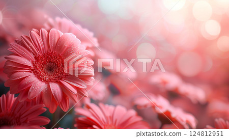 Gerbera flower in red color with a backdrop of green garden 124812951