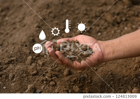Hand holding soil with virtual interface displaying crucial data on nutrients, temperature, pH and moisture 124813009