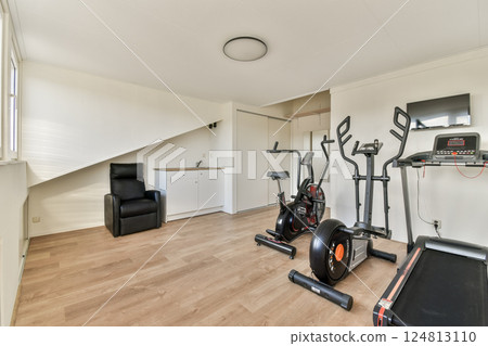 A contemporary home gym featuring exercise equipment and a minimalist design, perfect for workout enthusiasts. The layout promotes a functional space for fitness. 124813110