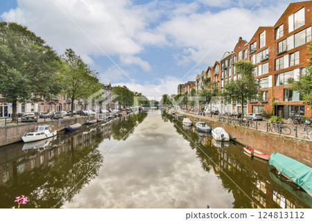 A picturesque canal flanked by modern buildings, showcasing boats and lush greenery along the banks, creating a serene urban atmosphere. 124813112
