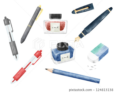 Watercolor style writing utensils illustration set 124813138