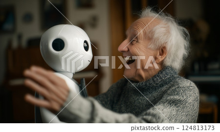 Elderly man joyfully interacting with a robot companion in a cozy indoor setting during the afternoon hours Elderly man joyfully interacting with a robot companion in a cozy indoor setting during the afternoon hours 124813173