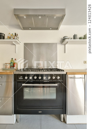 A contemporary kitchen featuring a black gas stove, stainless steel appliances, and minimalistic cabinetry. Ideal for culinary enthusiasts and modern design lovers. 124813426