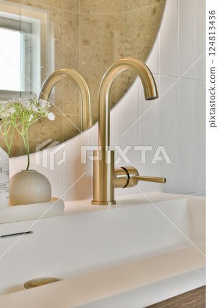 The image showcases a sleek bathroom sink featuring a gold faucet, minimalist decor, and a simple plant arrangement, emphasizing luxury and comfort. 124813436