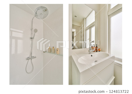 A sleek modern bathroom featuring an elegant shower with a rainfall showerhead and a stylish sink area with beautifully arranged toiletries. A sleek modern bathroom featuring an elegant shower with a rainfall showerhead and a stylish sink area with beautifully arranged toiletries. 124813722