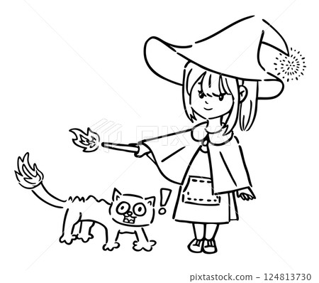 Witch with scared cat line art. 124813730
