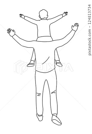 Father carrying child on his shoulders line art.  124813734