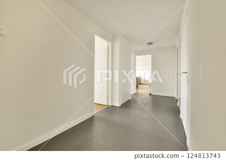 A spacious hallway featuring a minimalist design with neutral colors, modern lighting, and sleek flooring that enhances the feeling of openness. A spacious hallway featuring a minimalist design with neutral colors, modern lighting, and sleek flooring that enhances the feeling of openness. 124813743