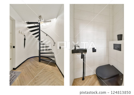 A sleek spiral staircase paired with a contemporary bathroom design showcases minimalist elegance and functionality in interior architecture. A sleek spiral staircase paired with a contemporary bathroom design showcases minimalist elegance and functionality in interior architecture. 124813850