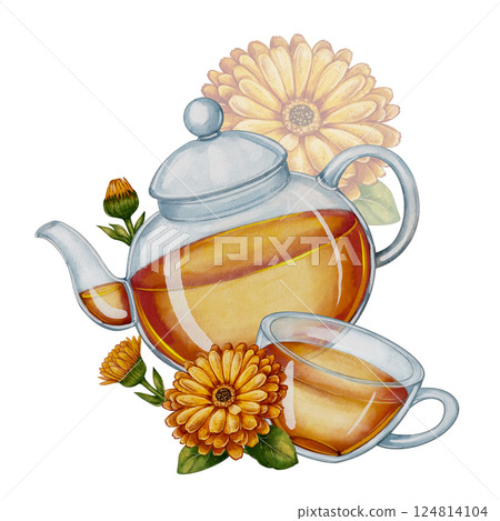 Watercolor tea set with calendula 124814104