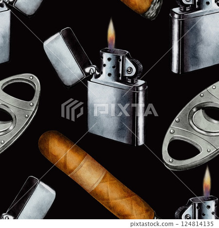 Watercolor Seamless Pattern with Lighters, Cigars, and Cutters 124814135