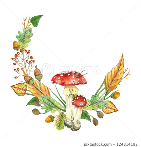 Watercolor wreath of autumn leaves, acorns, oak leaves, red fly agaric and tree branches. All objects are hand-painted with watercolors. Suitable for printing on fabric, paper, for postcard decoration Watercolor wreath of autumn leaves, acorns, oak leaves, red fly agaric and tree branches. All objects are hand-painted with watercolors. Suitable for printing on fabric, paper, for postcard decoration 124814182