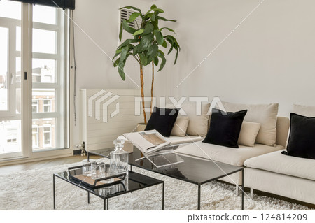 A stylish modern living room featuring a plush rug, elegant furniture, and a minimalistic decor, creating a cozy yet sophisticated space for relaxation and gatherings. 124814209