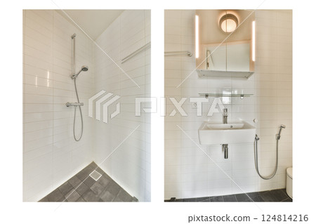 Contemporary shower space featuring sleek tile work and minimalistic fixtures. The bathroom design emphasizes cleanliness and modern aesthetics. Contemporary shower space featuring sleek tile work and minimalistic fixtures. The bathroom design emphasizes cleanliness and modern aesthetics. 124814216