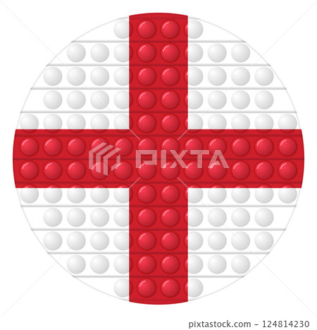 Glass light ball with flag of England. Round sphere, template icon. English national symbol. Glossy realistic ball, 3D vector illustration. Trendy antistress game pop it, simple dimple. Big bubble 124814230