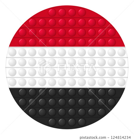Glass light ball with flag of Yemen. Round sphere, template icon. National symbol. Glossy realistic ball, 3D vector illustration. Trendy antistress game pop it, simple dimple. Big bubble 124814234