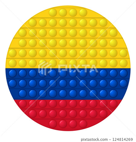 Glass light ball with flag of Colombia. Round sphere, template icon. Colombian national symbol. Glossy realistic ball, 3D vector illustration. Trendy antistress game pop it, simple dimple. Big bubble 124814269