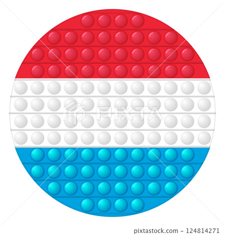 Glass ball with flag of Luxembourg. Round sphere, template icon. Luxembourgish national symbol. Glossy realistic ball, 3D vector illustration. Trendy antistress game pop it, simple dimple. Big bubble 124814271