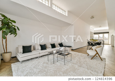Contemporary living room featuring a stylish sofa, coffee table, and decorative plant enhancing the minimalist aesthetic. 124814396