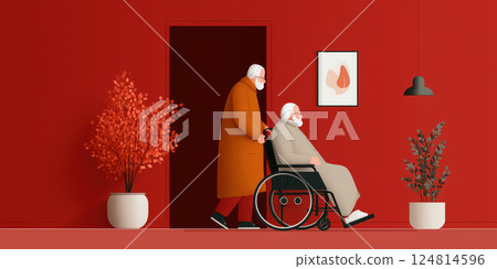 caregiver assists elderly person in wheelchair in modern red interior 124814596