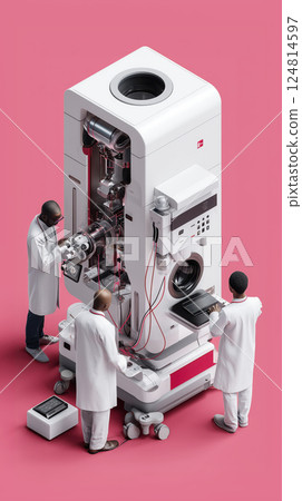 team of scientists operates advanced laboratory equipment on pink background 124814597