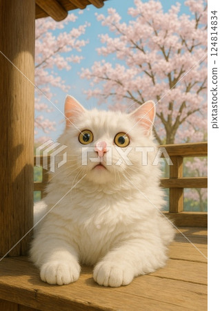 Cat looking at cherry blossoms 124814834