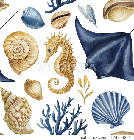 watercolor seamless pattern seahorse stingray seashells coral, underwater ocean creatures hand painted marine style 124814865