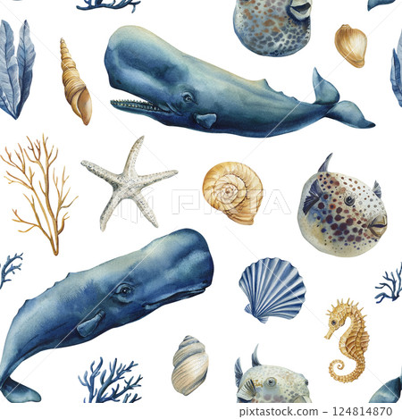 watercolor seamless pattern sperm whales starfish blowfish seahorse seashells, coral marine animals illustration design 124814870