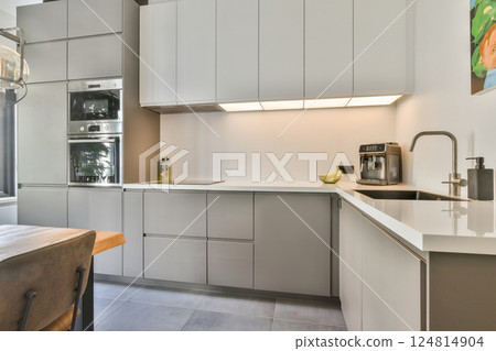 A contemporary kitchen featuring minimalist cabinetry, stainless steel appliances, and a bright, spacious layout that emphasizes functionality and style. A contemporary kitchen featuring minimalist cabinetry, stainless steel appliances, and a bright, spacious layout that emphasizes functionality and style. 124814904