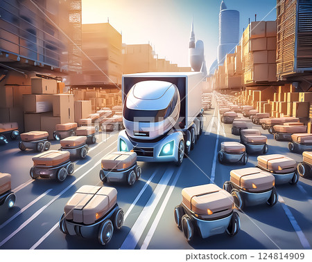 Illustration of a self-driving truck and delivery robot moving around a distribution center 124814909