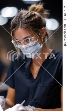 focused dentist wearing protective gear during dental procedure 124814942