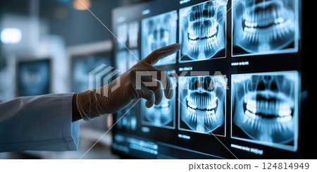 dentist pointing at dental X rays on screen in modern clinic setting dentist pointing at dental X rays on screen in modern clinic setting 124814949
