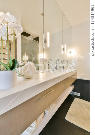 A stylish and contemporary bathroom features a clean design with minimalist elements, showcasing sinks, mirrors, and decorative plants for a serene ambiance. 124814962