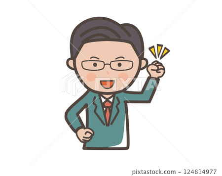 Illustration of an upper body of a motivated middle-ranking elite-style male businessman with a fist pump 124814977