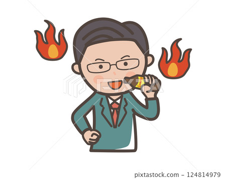 An upper body illustration of a middle-aged, elite-style male businessman drinking an energy drink to get himself motivated 124814979