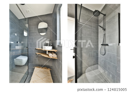 Sleek gray tiles and a stylish layout highlight this contemporary bathroom with a walk-in shower and elegant fixtures, combining functionality and aesthetics. 124815005