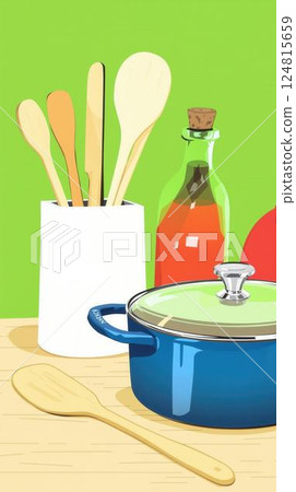 A blue pot sits on a table with a wooden spoon and a bottle of sauce 124815659
