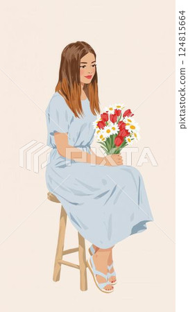 A woman is sitting on a stool holding a bouquet of flowers 124815664