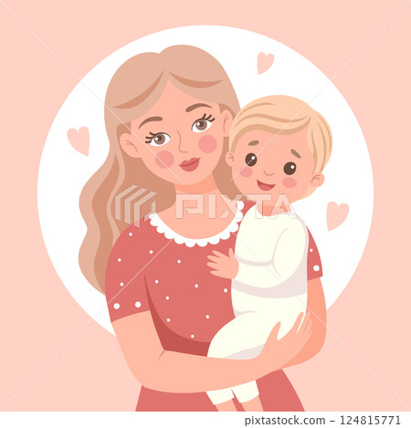 Mother holding her baby with love and care. Cute flat style illustration. 124815771